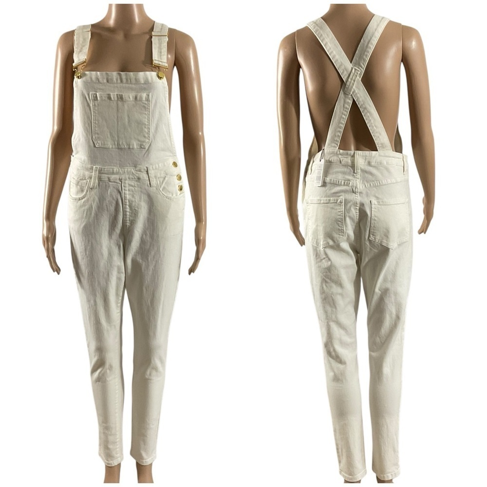WeWoreWhat High Rise Skinny Overalls White Denim Stretch Size Medium NWT